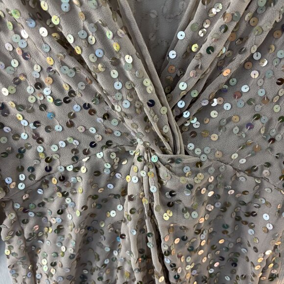 ASOS Beige Sequin Wrap Mini Dress With Flared Sleeves V-Neck Size 6 Polyester Bl - Picture 4 of 8